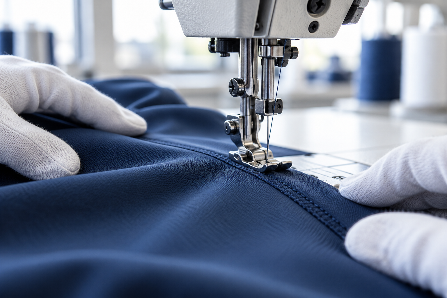 Illustrative close-up of stitching on navy sports fabric